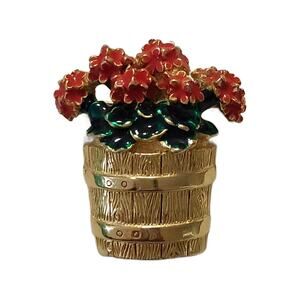 Vintage Enamel Flowers in a Basket Brooch, 2" Tall